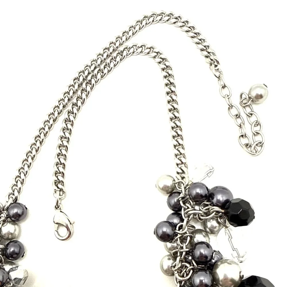 Cha-Cha Style Necklace Clear Gray Black Bead Cluster Statement Bib 16